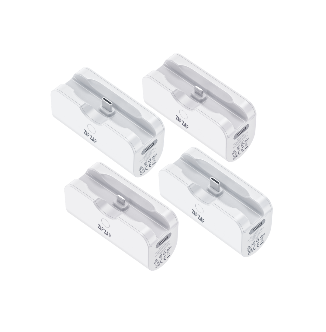 Four Zip Zap Plus Gen 3 chargers, two with USB-C and two with Lightning connectors